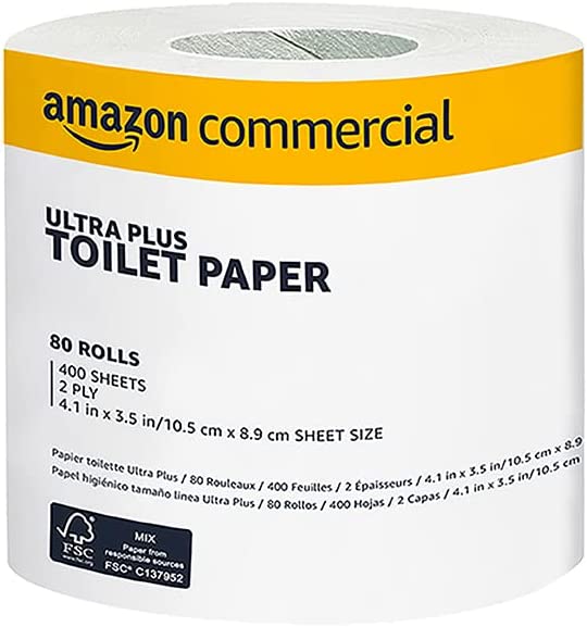 AmazonCommercial 2 层白色 Ultra Plus 独立包装卫生纸/浴巾纸|散装|化粪池安全|FSC 认证|每卷 400 张（4.1" x 3.5" 纸，80 张（1 包）