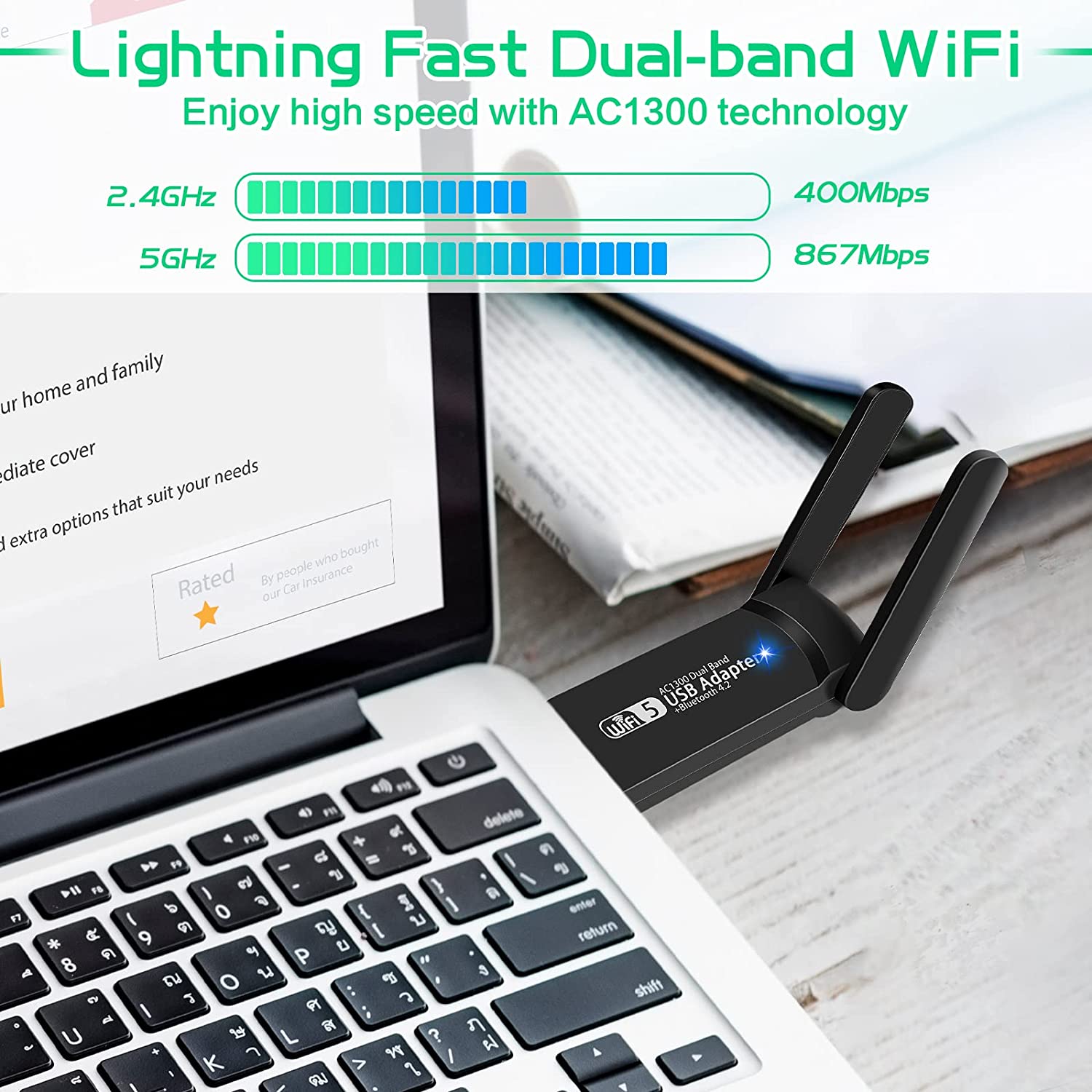 USB WiFi 蓝牙适配器，1300Mbps 双频 2.4/5Ghz 无线网络外部接收器，适用于 PC/笔记本电脑/台式机的迷你 WiFi Dongle